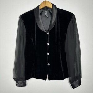 Vtg Bay Studio Velvet Jacket Petite XL Sheer Sleeve Rhinestone Button Evening